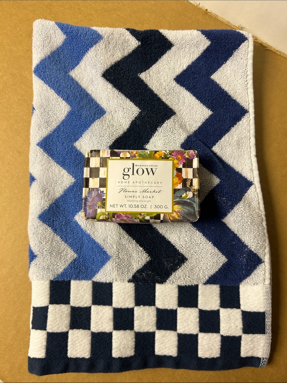 Mackenzie Child’s Blue Chevron & Checkered Hand Towel 19x27” with Simply Soap.